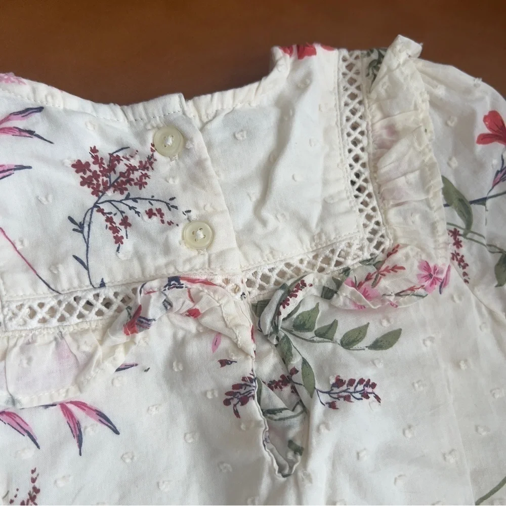 Old Navy Baby Toddler Girl Cream Ruffle Trim Swiss Dot Floral Bubble Romper